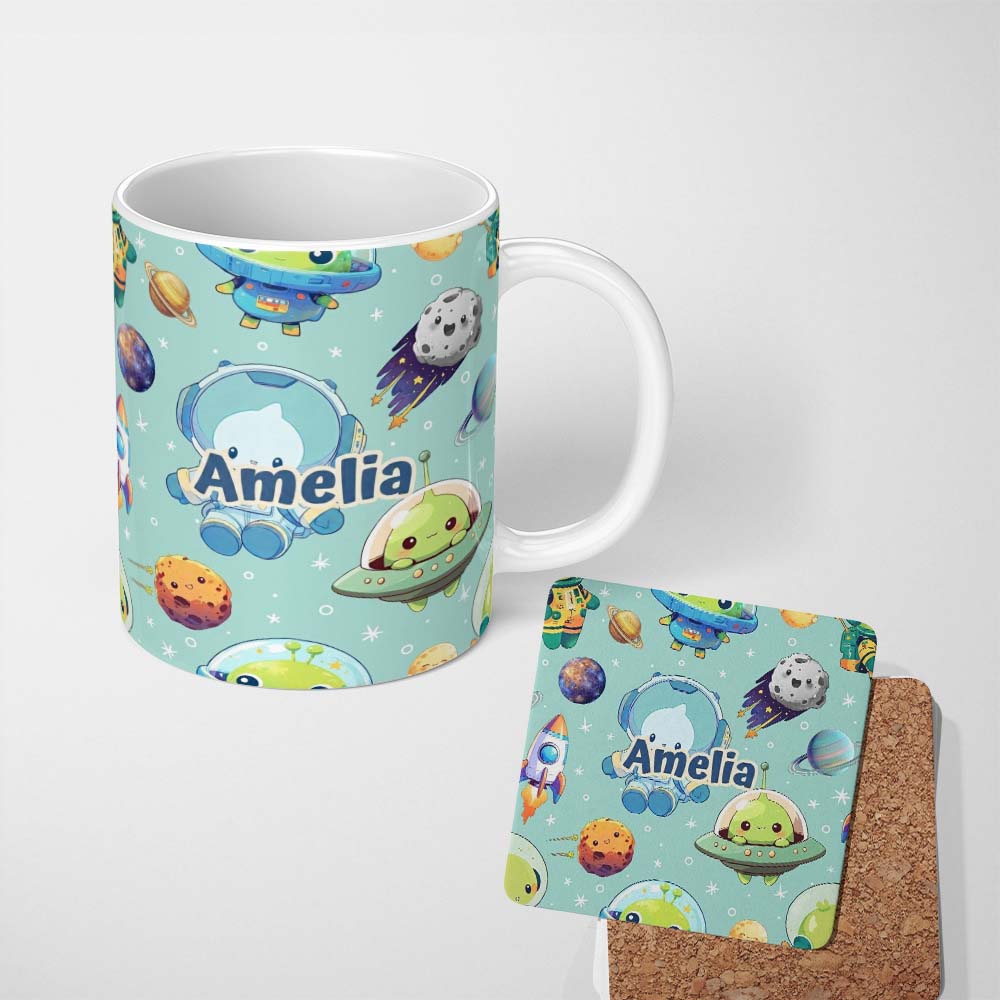 Personalized Custom Name Space Astronaut Alien UFO Seamless Mint Green Background Fun Kids 11oz Ceramic Coffee Tea Mug White Large Handle