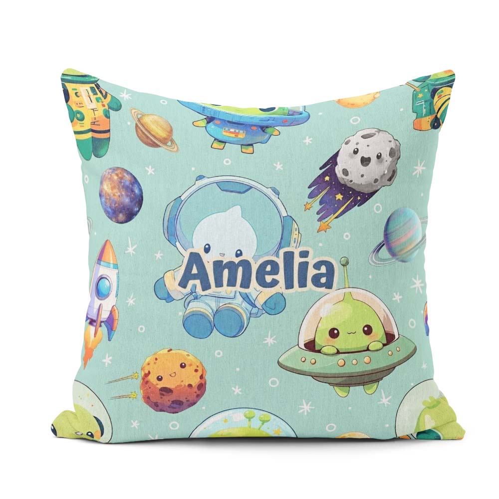 Custom Name Space Astronaut Alien UFO Mint Green Background Kids Square Filled Cushion Throw Pillow Sofa Bed Home Decor Zip Washable UK Made