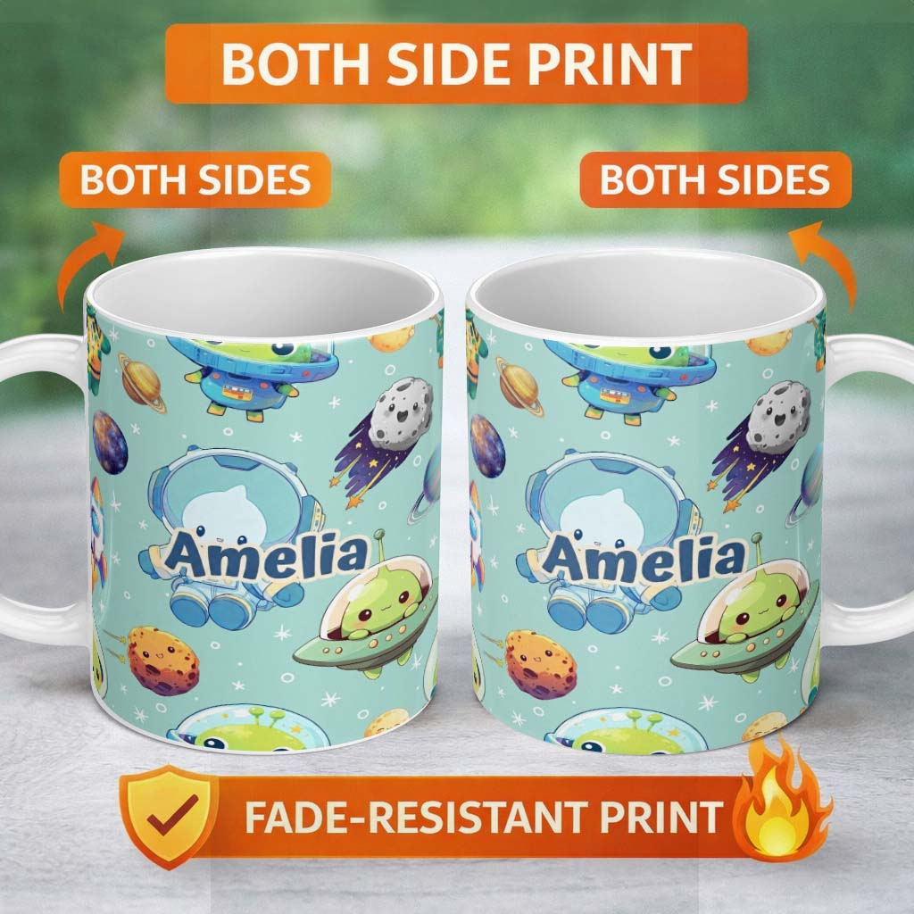 Personalized Custom Name Space Astronaut Alien UFO Seamless Mint Green Background Fun Kids 11oz Ceramic Coffee Tea Mug White Large Handle