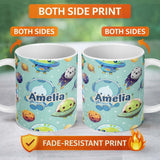 Personalized Custom Name Space Astronaut Alien UFO Seamless Mint Green Background Fun Kids 11oz Ceramic Coffee Tea Mug White Large Handle