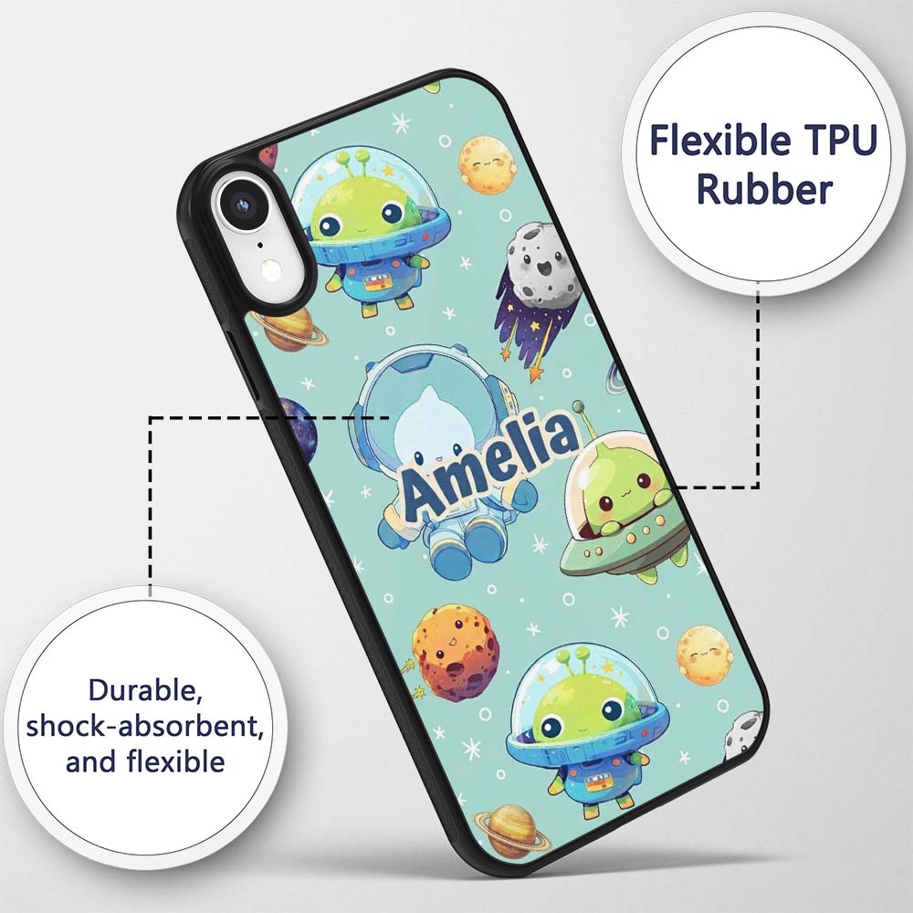 Space Astronaut Alien UFO Seamless Mint Green Custom Name Protective Phone Case Mobile Cover Durable Everyday Smartphone Shock Resistant