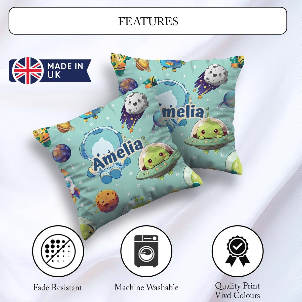 Custom Name Space Astronaut Alien UFO Mint Green Background Kids Square Filled Cushion Throw Pillow Sofa Bed Home Decor Zip Washable UK Made