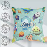 Custom Name Space Astronaut Alien UFO Mint Green Background Kids Square Filled Cushion Throw Pillow Sofa Bed Home Decor Zip Washable UK Made