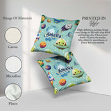 Custom Name Space Astronaut Alien UFO Mint Green Background Kids Square Filled Cushion Throw Pillow Sofa Bed Home Decor Zip Washable UK Made