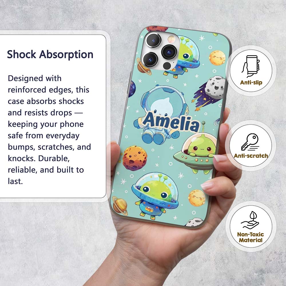 Space Astronaut Alien UFO Seamless Mint Green Custom Name Protective Phone Case Mobile Cover Durable Everyday Smartphone Shock Resistant