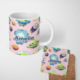 Personalized Custom Name Space Astronaut Alien UFO Seamless Soft Pink Background Fun Kids 11oz Ceramic Coffee Tea Mug White Large Handle