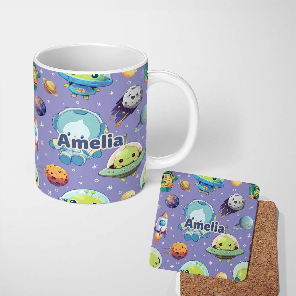 Personalized Custom Name Space Astronaut Alien UFO Seamless Purple Background Fun Kids 11oz Ceramic Coffee Tea Mug White Large Handle