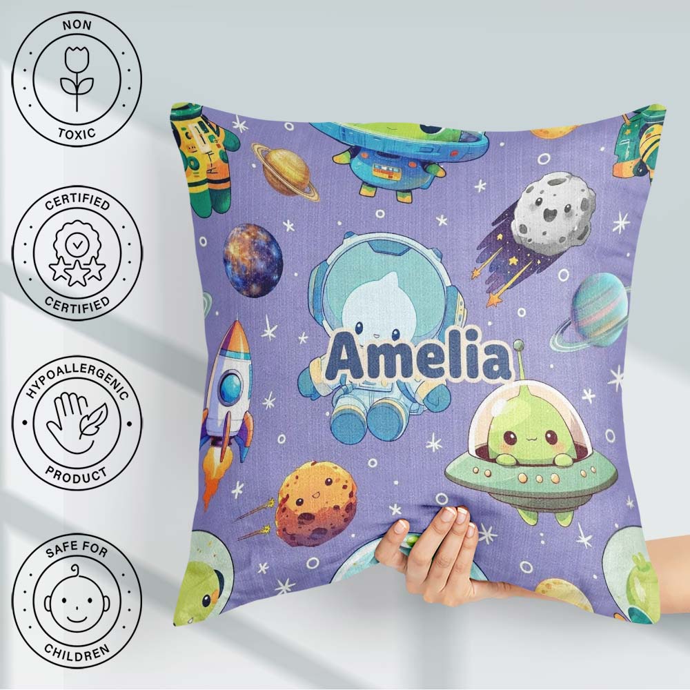 Custom Name Space Astronaut Alien UFO Purple Background Fun Kids Square Filled Cushion Throw Pillow Sofa Bed Home Decor Zip Washable UK Made