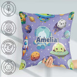 Custom Name Space Astronaut Alien UFO Purple Background Fun Kids Square Filled Cushion Throw Pillow Sofa Bed Home Decor Zip Washable UK Made