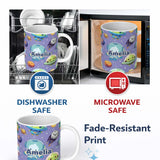 Personalized Custom Name Space Astronaut Alien UFO Seamless Purple Background Fun Kids 11oz Ceramic Coffee Tea Mug White Large Handle