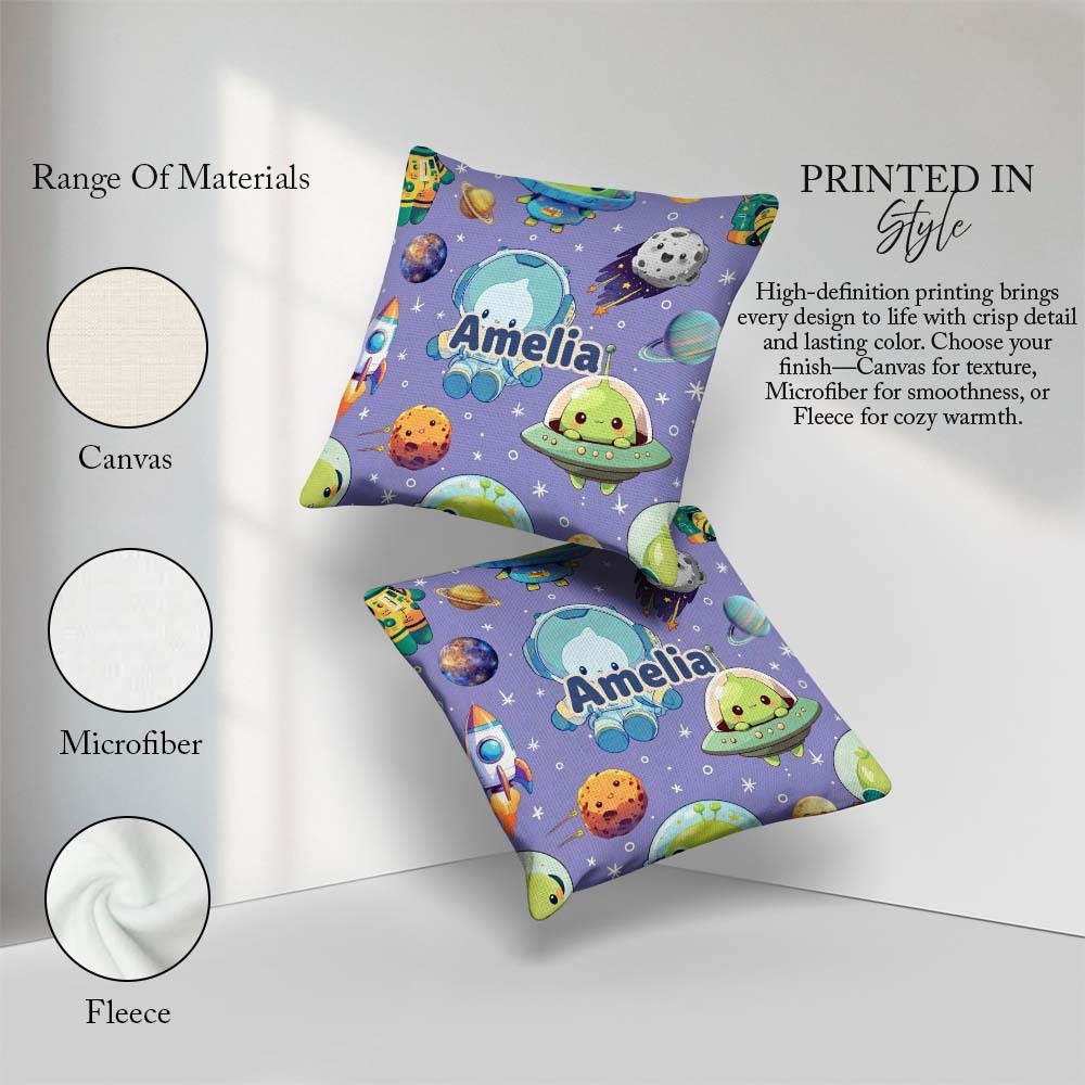 Custom Name Space Astronaut Alien UFO Purple Background Fun Kids Square Filled Cushion Throw Pillow Sofa Bed Home Decor Zip Washable UK Made