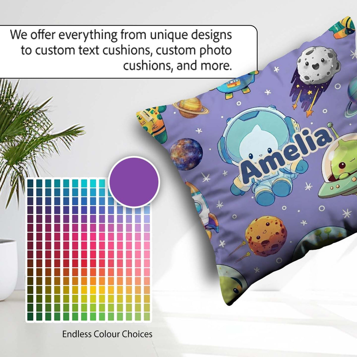 Custom Name Space Astronaut Alien UFO Purple Background Fun Kids Square Filled Cushion Throw Pillow Sofa Bed Home Decor Zip Washable UK Made