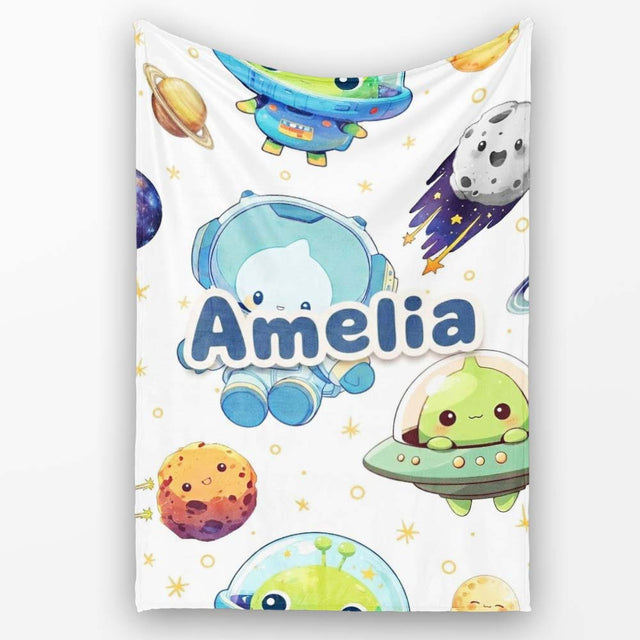 Space Astronaut Alien UFO Seamless White Background Fun Kids Design  Personalised Custom Name Super Soft Fleece Blanket Bed Sofa Throw
