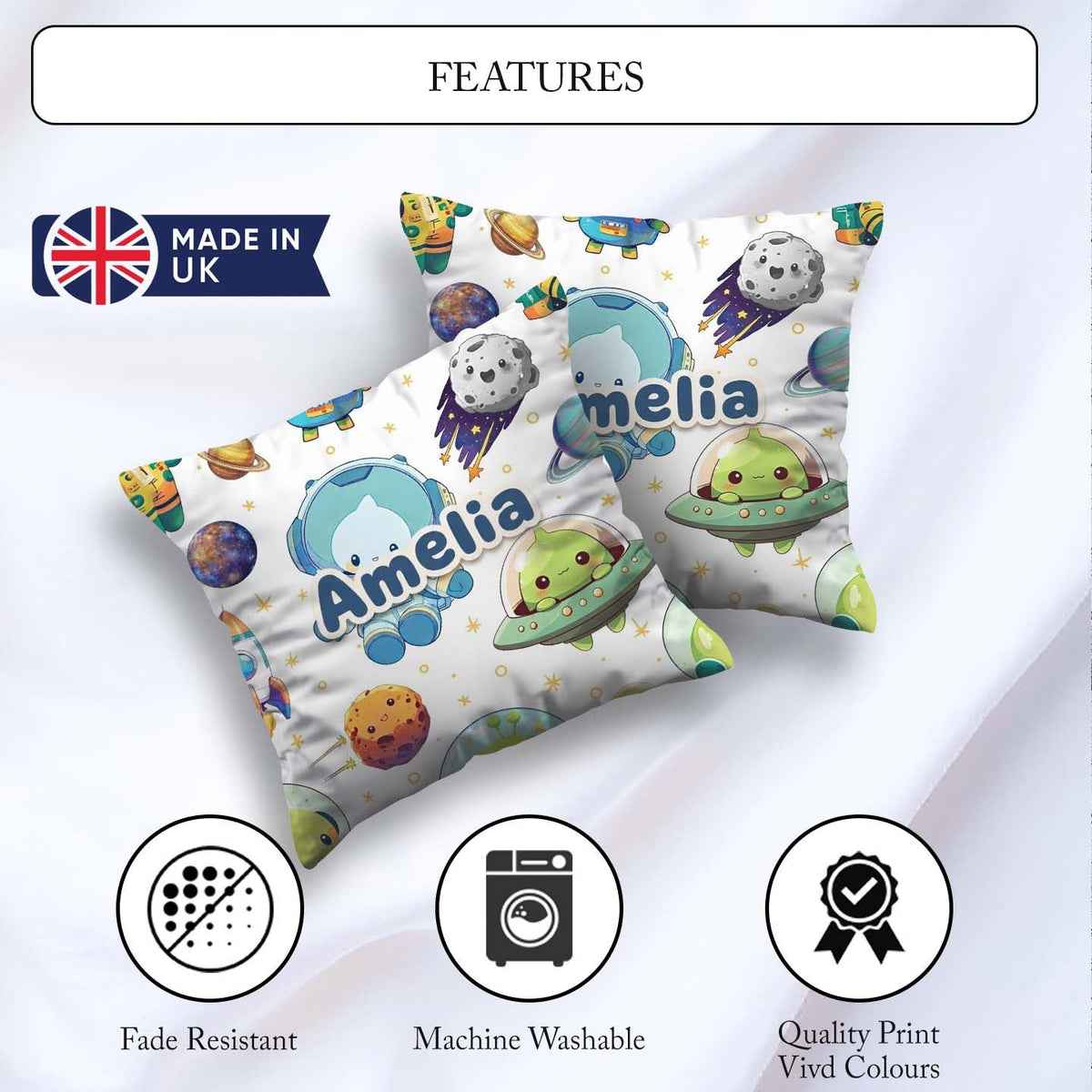 Custom Name Space Alien UFO Seamless White Background Fun Design Square Filled Cushion Throw Pillow Sofa Bed Home Decor Zip Washable UK Made