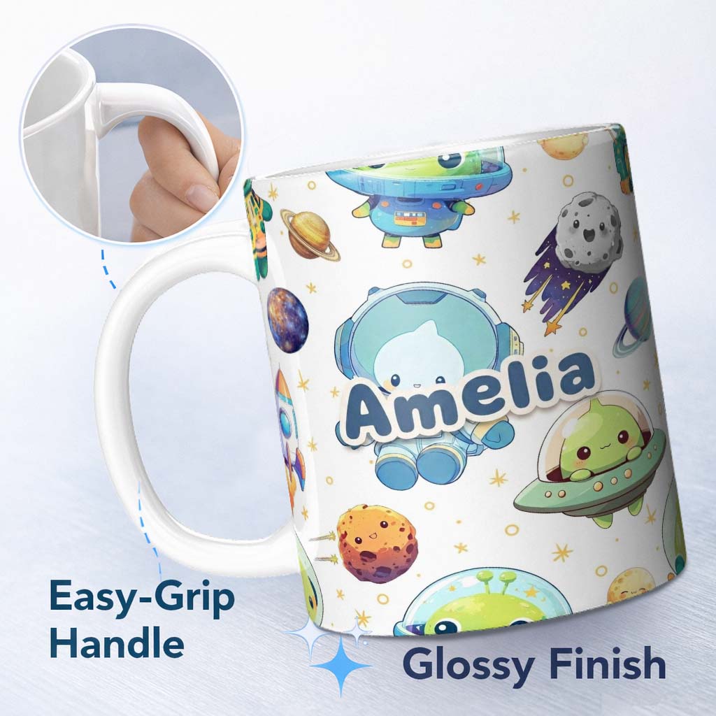 Personalized Custom Name Space Astronaut Alien UFO Seamless White Background Fun Kids Design 11oz Ceramic Coffee Tea Mug White Large Handle