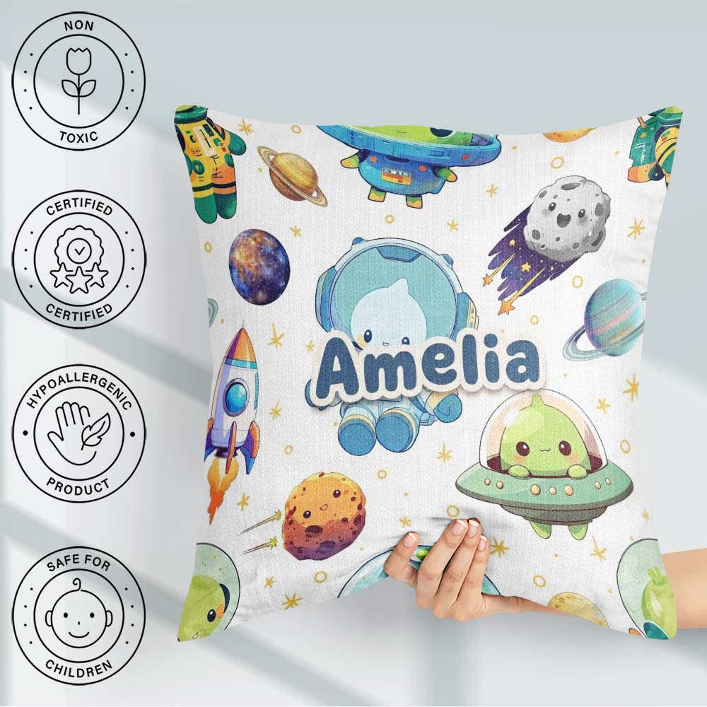 Custom Name Space Alien UFO Seamless White Background Fun Design Square Filled Cushion Throw Pillow Sofa Bed Home Decor Zip Washable UK Made