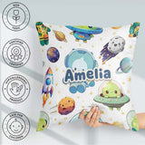 Custom Name Space Alien UFO Seamless White Background Fun Design Square Filled Cushion Throw Pillow Sofa Bed Home Decor Zip Washable UK Made