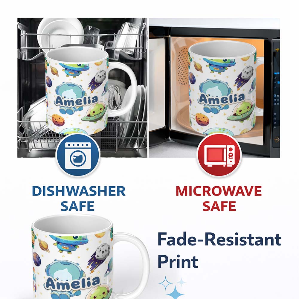 Personalized Custom Name Space Astronaut Alien UFO Seamless White Background Fun Kids Design 11oz Ceramic Coffee Tea Mug White Large Handle