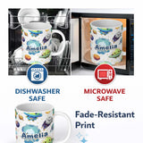 Personalized Custom Name Space Astronaut Alien UFO Seamless White Background Fun Kids Design 11oz Ceramic Coffee Tea Mug White Large Handle