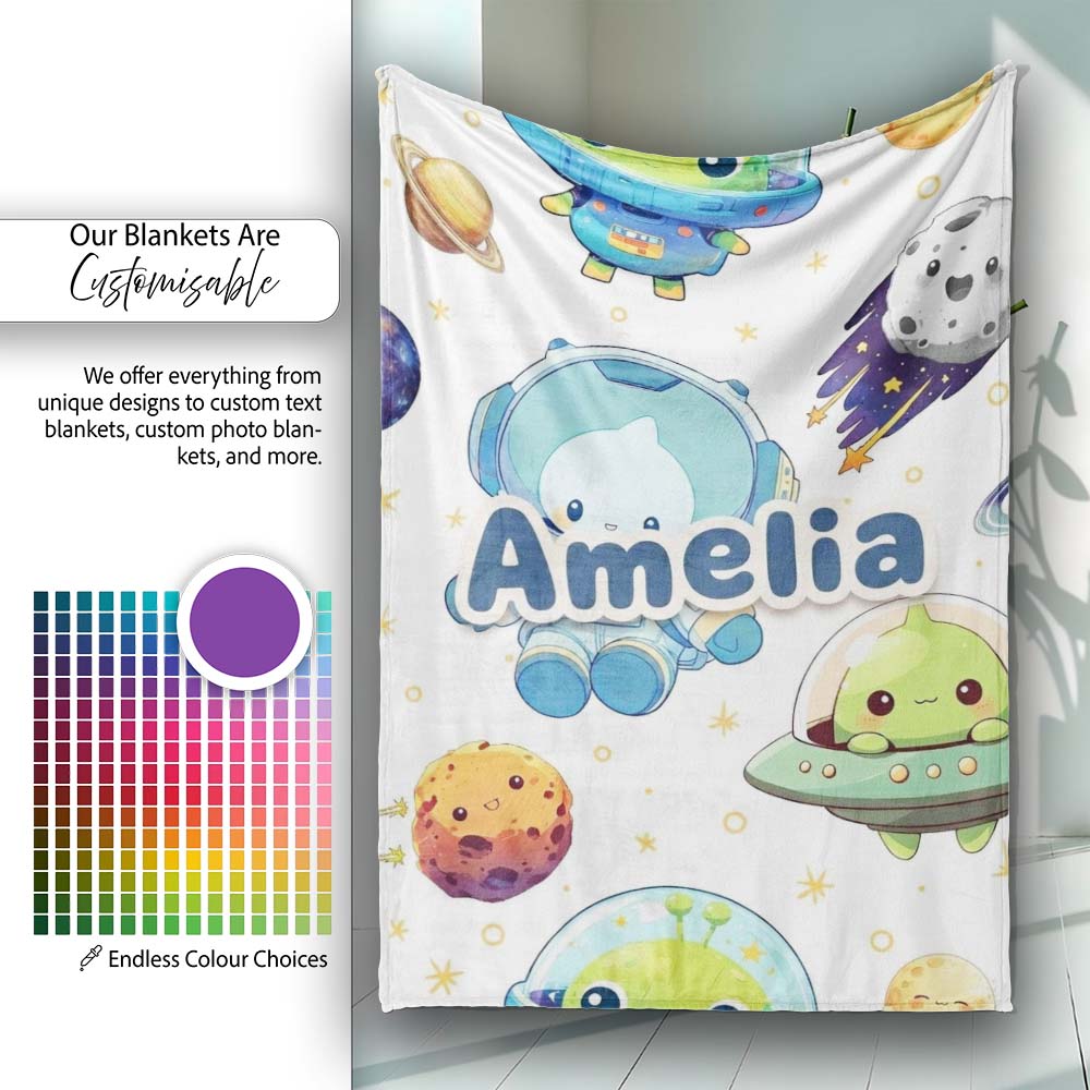 Space Astronaut Alien UFO Seamless White Background Fun Kids Design  Personalised Custom Name Super Soft Fleece Blanket Bed Sofa Throw