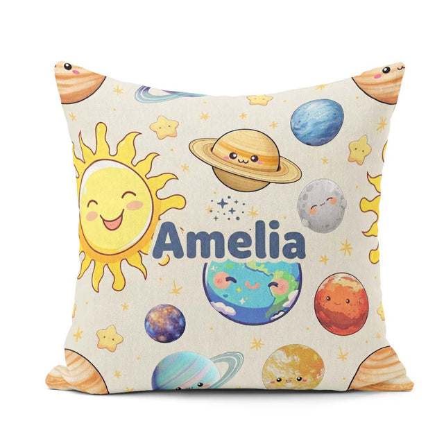 Custom Name Solar System Sun Earth Planets Beige Background Kids Square Filled Cushion Throw Pillow Sofa Bed Home Decor Zip Washable UK Made