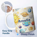 Personalized Custom Name Solar System Sun Earth Planets Seamless Beige Background Cute Kids 11oz Ceramic Coffee Tea Mug White Large Handle