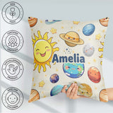 Custom Name Solar System Sun Earth Planets Beige Background Kids Square Filled Cushion Throw Pillow Sofa Bed Home Decor Zip Washable UK Made