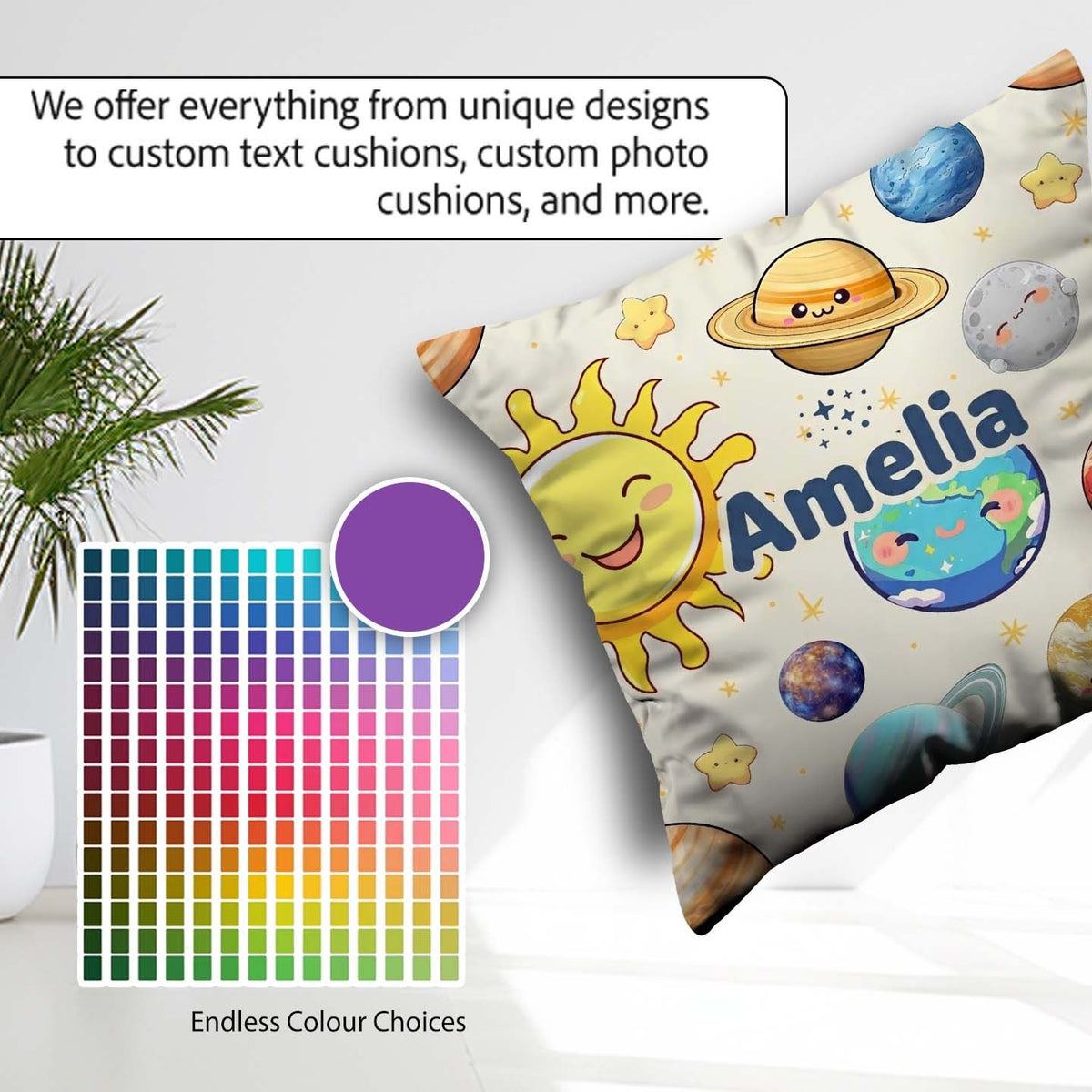 Custom Name Solar System Sun Earth Planets Beige Background Kids Square Filled Cushion Throw Pillow Sofa Bed Home Decor Zip Washable UK Made