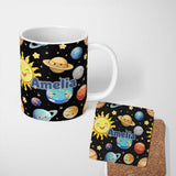 Personalized Custom Name Solar System Sun Earth Planets Seamless Black Background Cute Kids 11oz Ceramic Coffee Tea Mug White Large Handle
