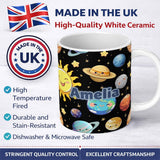 Personalized Custom Name Solar System Sun Earth Planets Seamless Black Background Cute Kids 11oz Ceramic Coffee Tea Mug White Large Handle