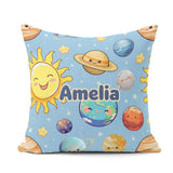 Custom Name Solar System Sun Earth Seamless Blue Background Kids Square Filled Cushion Throw Pillow Sofa Bed Home Decor Zip Washable UK Made