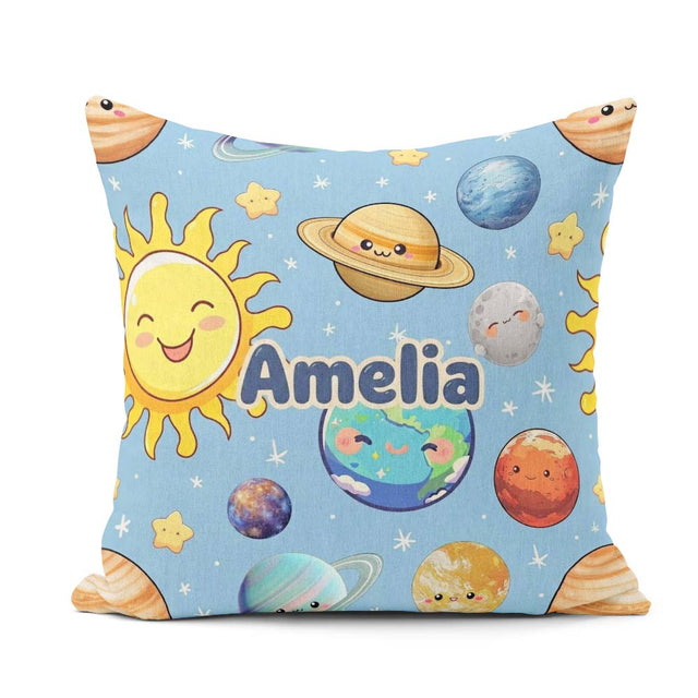 Custom Name Solar System Sun Earth Seamless Blue Background Kids Square Filled Cushion Throw Pillow Sofa Bed Home Decor Zip Washable UK Made