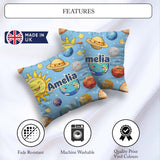 Custom Name Solar System Sun Earth Seamless Blue Background Kids Square Filled Cushion Throw Pillow Sofa Bed Home Decor Zip Washable UK Made