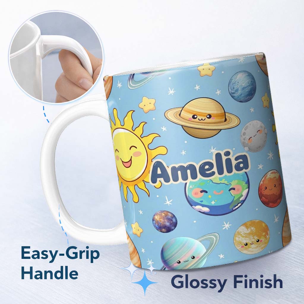 Personalized Custom Name Solar System Sun Earth Planets Seamless Blue Background Cute Kids 11oz Ceramic Coffee Tea Mug White Large Handle
