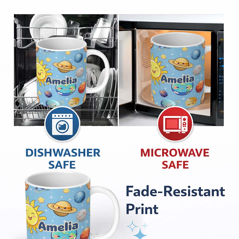Personalized Custom Name Solar System Sun Earth Planets Seamless Blue Background Cute Kids 11oz Ceramic Coffee Tea Mug White Large Handle
