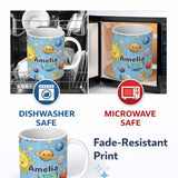 Personalized Custom Name Solar System Sun Earth Planets Seamless Blue Background Cute Kids 11oz Ceramic Coffee Tea Mug White Large Handle