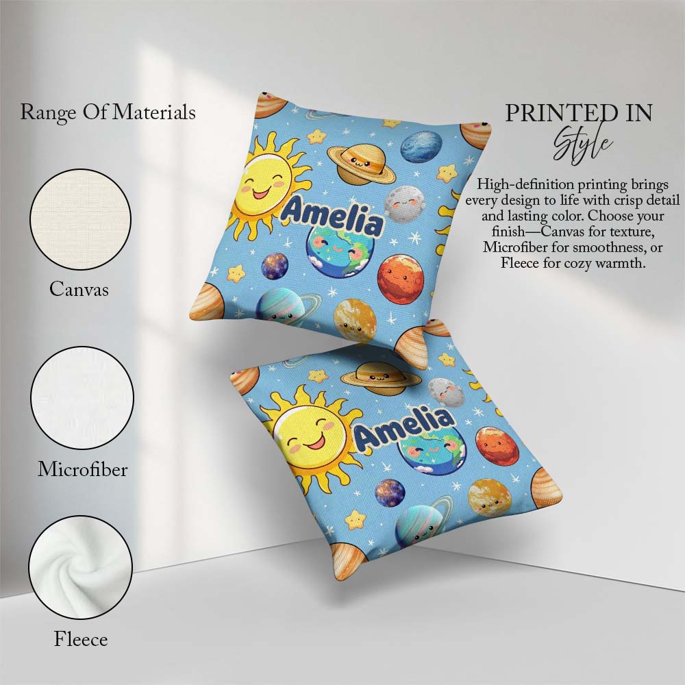 Custom Name Solar System Sun Earth Seamless Blue Background Kids Square Filled Cushion Throw Pillow Sofa Bed Home Decor Zip Washable UK Made