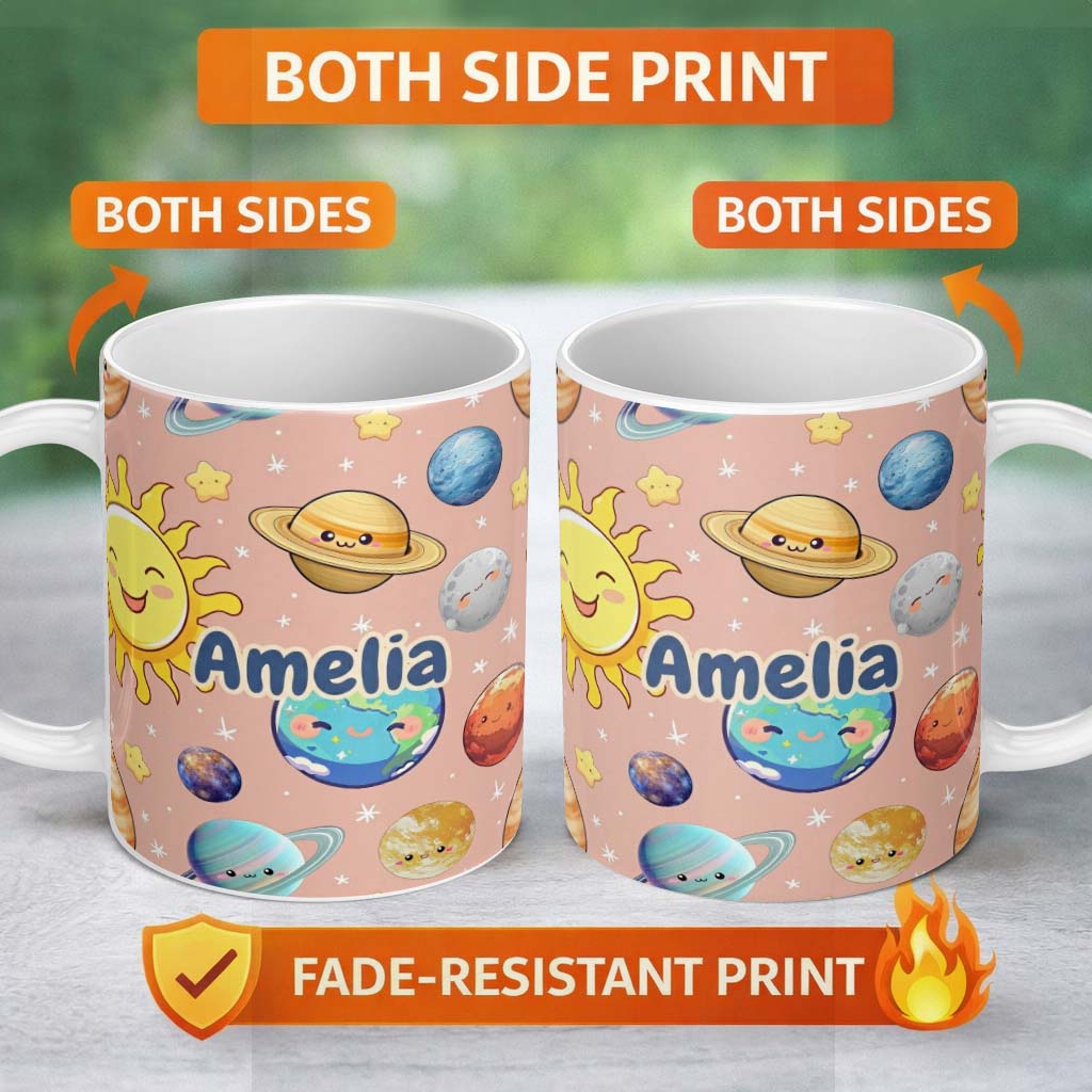 Personalized Custom Name Solar System Sun Earth Planets Seamless Peach Background Cute Kids 11oz Ceramic Coffee Tea Mug White Large Handle