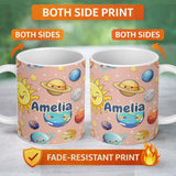 Personalized Custom Name Solar System Sun Earth Planets Seamless Peach Background Cute Kids 11oz Ceramic Coffee Tea Mug White Large Handle