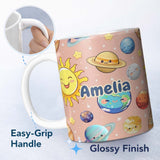 Personalized Custom Name Solar System Sun Earth Planets Seamless Peach Background Cute Kids 11oz Ceramic Coffee Tea Mug White Large Handle