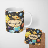 Personalized Custom Name Solar System Sun Earth Planets Seamless Dark Grey Background Cute 11oz Ceramic Coffee Tea Mug White Large Handle