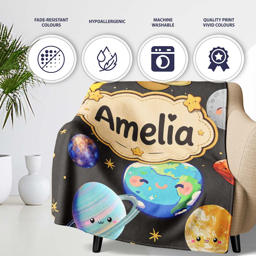 Solar System Sun Earth Planets Seamless Dark Grey Background Cute  Personalised Custom Name Super Soft Fleece Blanket Bed Sofa Throw