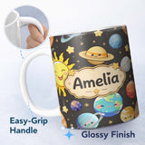 Personalized Custom Name Solar System Sun Earth Planets Seamless Dark Grey Background Cute 11oz Ceramic Coffee Tea Mug White Large Handle