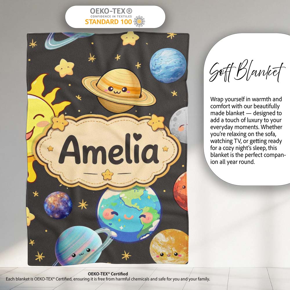 Solar System Sun Earth Planets Seamless Dark Grey Background Cute  Personalised Custom Name Super Soft Fleece Blanket Bed Sofa Throw