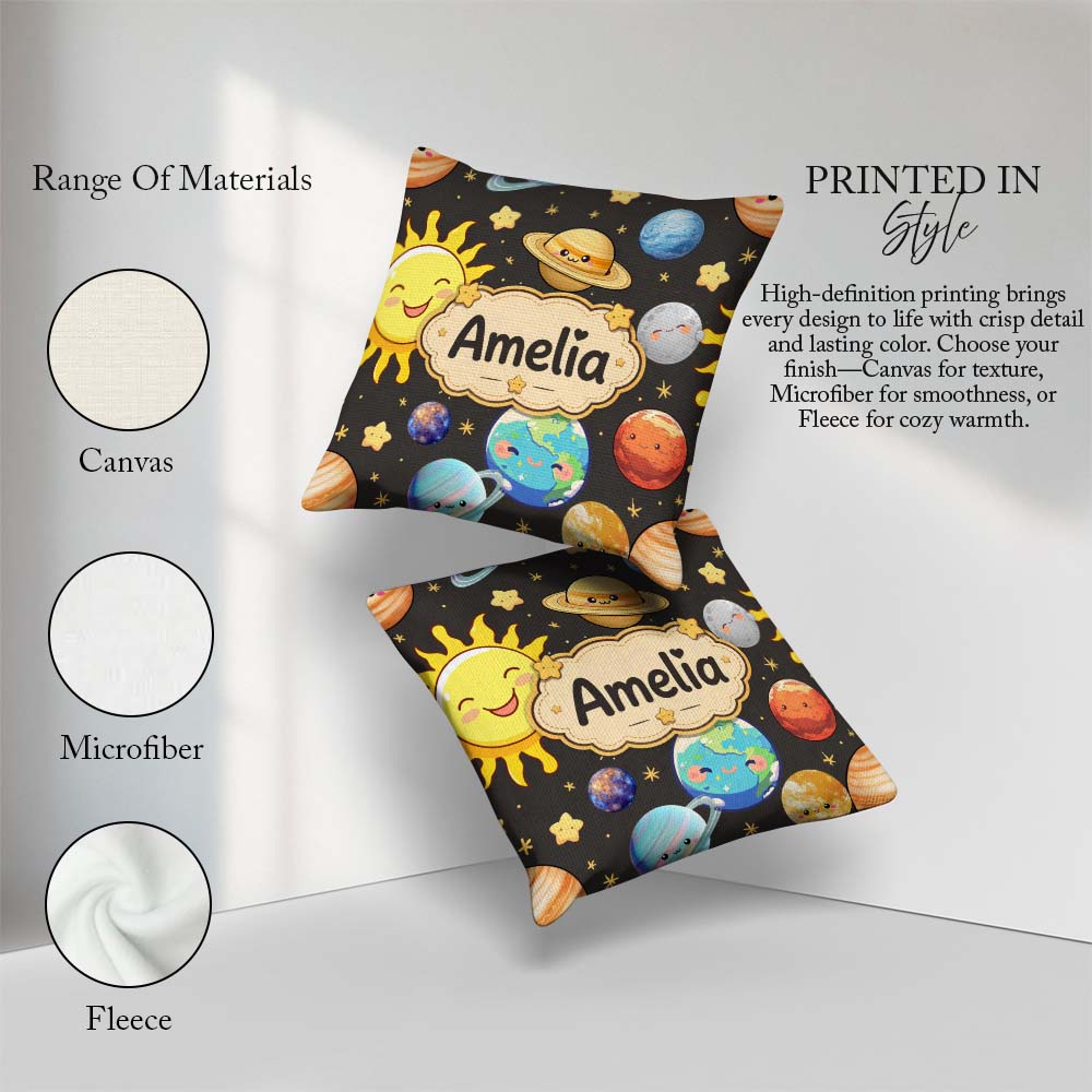 Custom Name Solar System Sun Earth Seamless Dark Grey Background Square Filled Cushion Throw Pillow Sofa Bed Home Decor Zip Washable UK Made