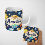 Personalized Custom Name Solar System Sun Earth Planets Seamless Navy Background Cute Kids 11oz Ceramic Coffee Tea Mug White Large Handle