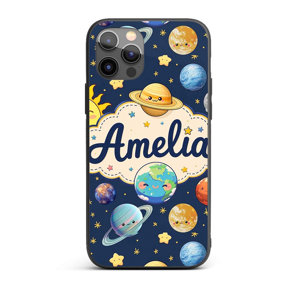 Solar System Sun Earth Planets Seamless Navy Custom Name Protective Phone Case Mobile Cover Durable Everyday Smartphone Shock Resistant