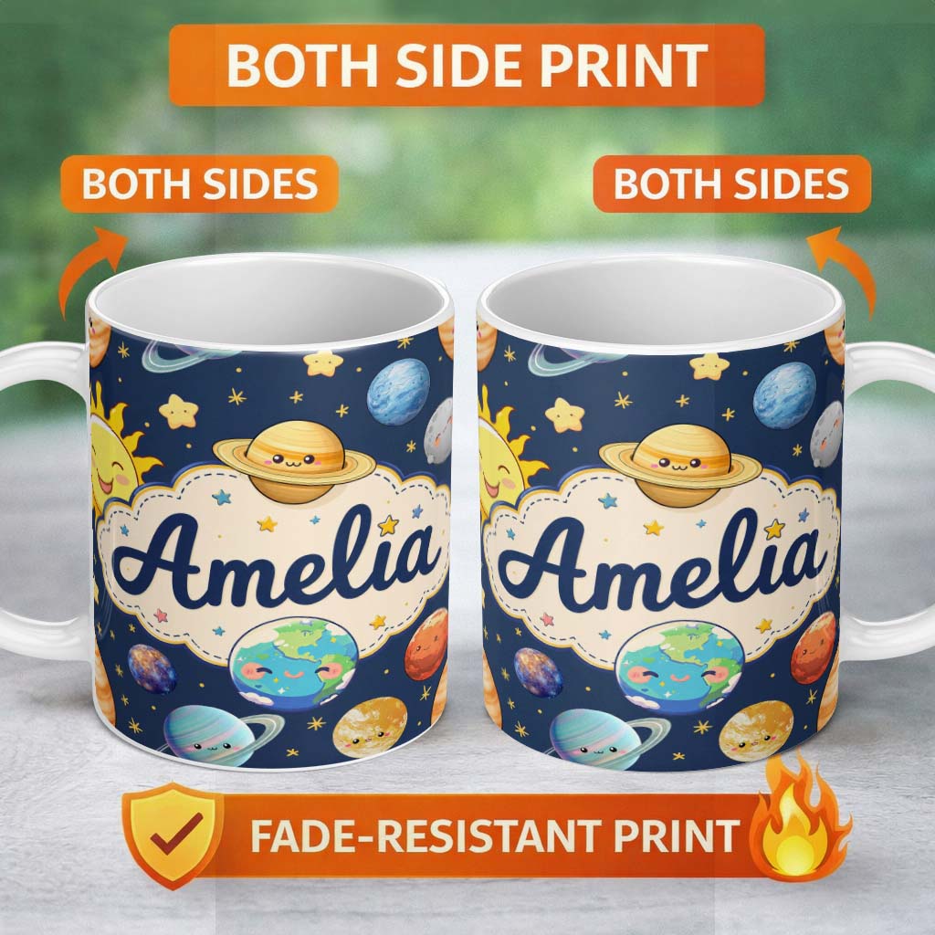 Personalized Custom Name Solar System Sun Earth Planets Seamless Navy Background Cute Kids 11oz Ceramic Coffee Tea Mug White Large Handle