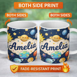 Personalized Custom Name Solar System Sun Earth Planets Seamless Navy Background Cute Kids 11oz Ceramic Coffee Tea Mug White Large Handle