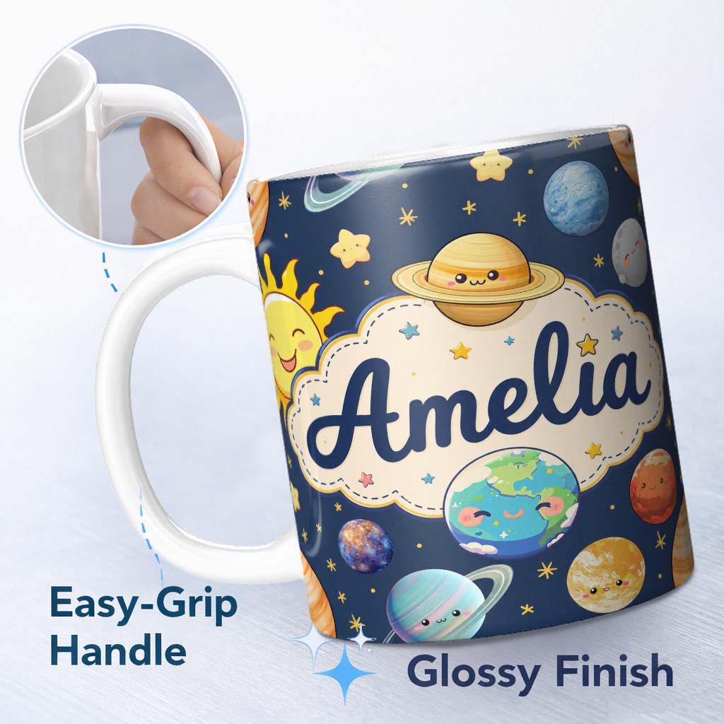 Personalized Custom Name Solar System Sun Earth Planets Seamless Navy Background Cute Kids 11oz Ceramic Coffee Tea Mug White Large Handle